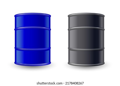 3D Illustration Of Black Metal Oil Barrels, Industrial Concept.