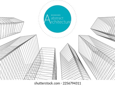 3D illustration black and white linear drawing. Imagination architecture building abstract background. Architecture modern urban building design. 