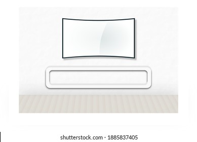 3d Illustration Of Blank White Curve Widescreen Smart Tv (television) On White Wall With Cabinet And Wooden Floor In The Clean Living Room.