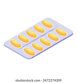 3d illustration of a blister pack with yellow tablets, isolated on white, in isometric view