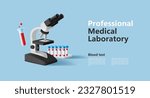 3d illustration of blood test laboratory with blood samples in glass beaker tubes and microscope with biological material, web banner