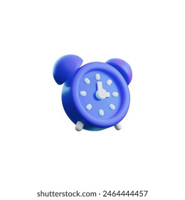 3D illustration of a blue alarm clock with a dial and clock hands, isolated on a white background for graphics related to time and waking up from sleep