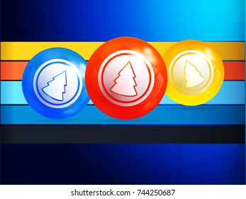 3D Illustration of Blue Background with Christmas Bingo Lottery Balls with Decorative Abstract Christmas Tree Over Multicoloured Stripes