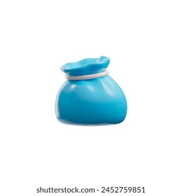 3D illustration of a blue bag tied with twine full of money on a white background. A concept for banking, savings and investments with a realistic design.