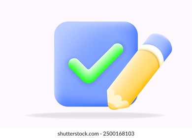 3D-Illustration blaues Häkchensymbol mit gelbem Bleistift, perfekt zur Illustration von Aufgaben, Bearbeitungs- und Genehmigungsprozessen
