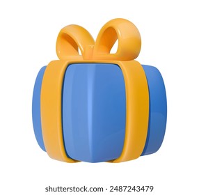 3D-Illustration einer blauen geschlossenen Geschenkbox, die mit einem gelben Band und Bogen umwickelt ist. Das Symbol "Vibrierende Gegenwart".