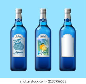 Ilustración 3d del conjunto de botellas de cóctel azul, aisladas en fondo azul claro