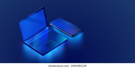 3D illustration of a blue laptop and smartphone on a dark blue background, representing modern technology and digital devices. Isometric mockup laptop, smartphone on table vector illustration.