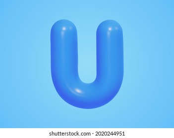 3d illustration of blue matt uppercase letter U balloon, isolated on blue background.