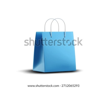 3d illustration of a blue paper shopping bag with white handles casting soft shadow on white background for retail store branding packaging and ecommerce design