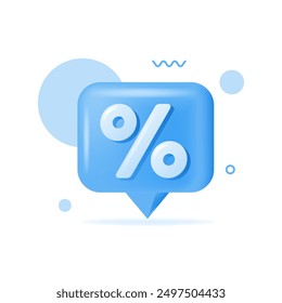 3D illustration of a blue percentage symbol inside a speech bubble on white background with circular accents. Soft Design, rounded appearance, ideal for representing discounts, sales, and promotions.