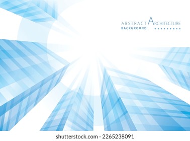 3D illustration Blue perspective render structure modern geometric abstract background. Architectural urban blue glass wall of skyscraper design.