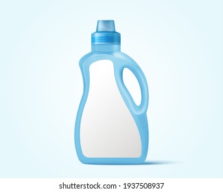 Ilustración 3d de una botella de plástico azul con etiqueta en blanco, mango y tapón de rosca. Plantilla de paquete detergente más limpia o líquida.