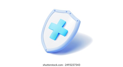 3D illustration of a blue shield featuring a prominent cross symbol in the center. This design represents protection, healthcare, and security. Ideal for use in medical, healthcare. Vector