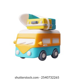 3D illustration of a blue and yellow van, side view. Luggage, including a suitcase and a surfboard, is fixed on the roof. Retro design for outdoor adventures.