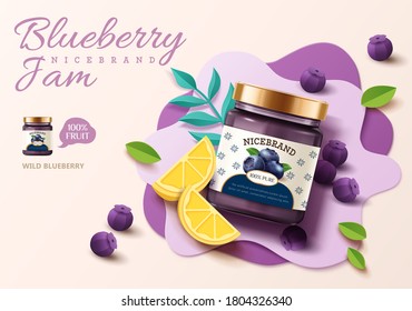 3d illustration of blueberry jam ad banner with blueberries, lemon and leaves on paper art background