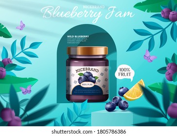 3d illustration of blueberry jam ad with blueberries on podiums, lemon and plants on blue background