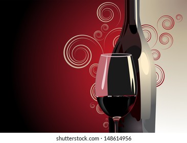 3d Illustration of a bottle and glass of red wine against a bicolour red and white background with gradient colour, decorative pattern and copyspace for a luxury background