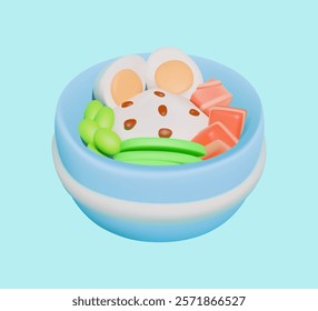 3D illustration of a bowl filled with healthy food, including eggs, vegetables, and salmon, in a colorful cartoon style.