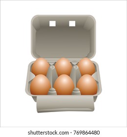A 3D illustration of a box of eggs filled with beige eggs.
On a white background, six eggs are stored in a gray cardboard box. A box with a special molding to protect the eggs.