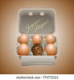 A 3D illustration of a box of eggs, translation image title: Happy Easter.
Five beige eggs and a chocolate egg decorated with little hearts are stored in a gray cardboard box.