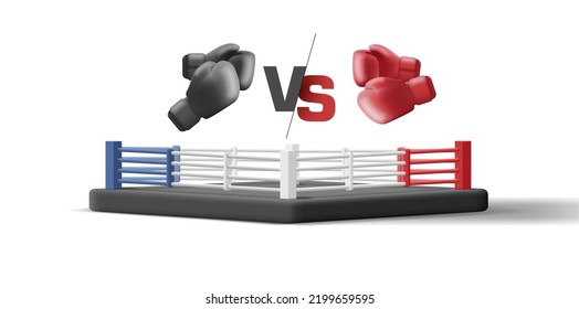 Ilustración 3d del anillo de boxeo con guantes rojos vs negro