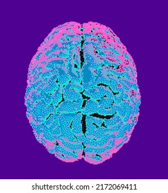 3D illustration of a brain in pixel art style. Concept of brain research and artificial intelligence.