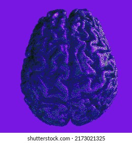 3D illustration of a brain in pixel art style. Concept of brain research and artificial intelligence.