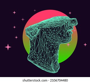 3D illustration of a broken low poly bust sculpture. Vaporwave computer art aesthetics.