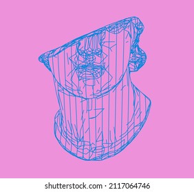 3D illustration of a broken low poly bust sculpture. Vaporwave computer art aesthetics.