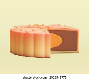 3d illustration of brown baked Chinese moon cake. Mid Autumn element isolated on yellow background.