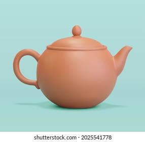 3d illustration of brown Chinese ceramic tea pot. Element isolated on green background.