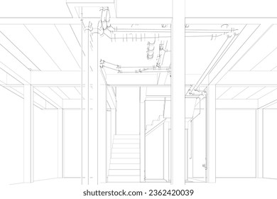 3D illustration of building, construction, and piping