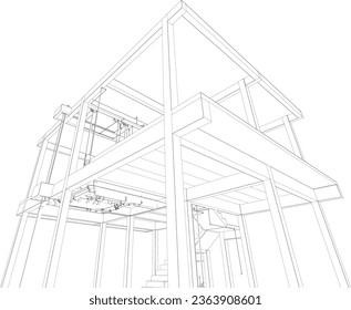 Ilustración 3D de la construcción, construcción y tuberías