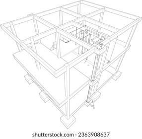 3D illustration of building, construction, and piping