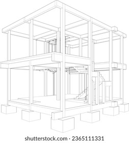 Ilustración 3D de la construcción, construcción y tuberías