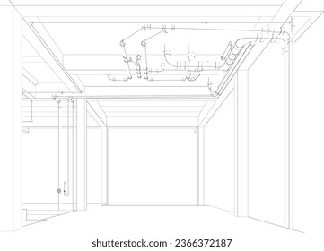 3D illustration of building, construction, and piping