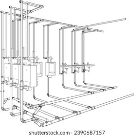 3D illustration of building, construction, and piping