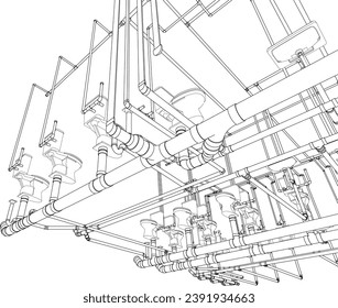 3D-Illustration von Gebäuden, Bauten und Rohrleitungen