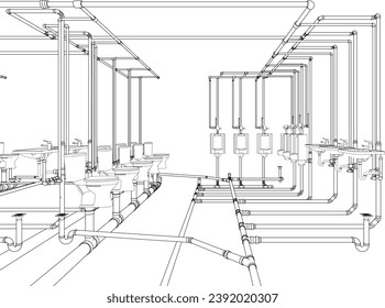 3D illustration of building, construction, and piping