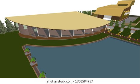 3D illustration of building layout with pool