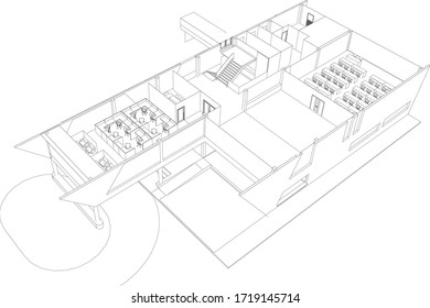 3D illustration of building wireframe in vector perspective