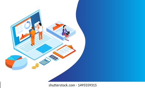 3D illustration of business analysts analysis the data on laptop and business elements for Data Analysis or Management concept based design.