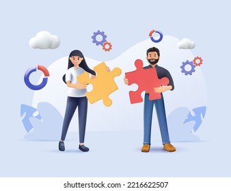 3D illustration Business concept. Team metaphor. people connecting puzzle elements. Business concept. Symbol of teamwork, cooperation, partnership 3D render vector