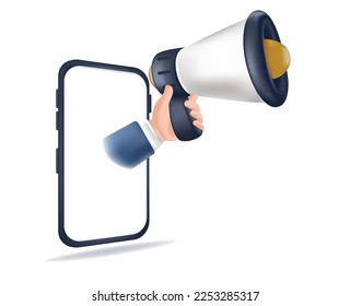 3d illustration businessman hand holding a megaphone appearing from smartphone isolated on a white background