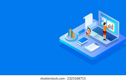 3D illustration of Businesswomen Maintain or Analysis Data on Laptop with Infographic Chart, Books, Magnifying Glass and Paper on Blue Background and Space for Message.