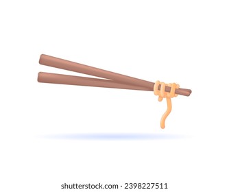 3D illustration of c with noodles. using chopsticks to eat noodles. cutlery and food. Minimalist and realistic 3D design. graphic elements. Vector