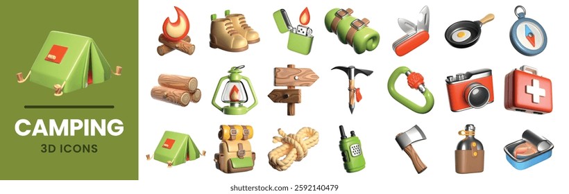 3D illustration of a camping essentials set including tent, fire, boots, axe, knife, compass, flashlight, first aid kit, rope, and more, ideal for outdoor adventure and survival concepts.