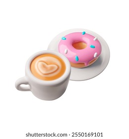 Ilustración 3D de capuchino con espuma de leche, un corazón y rosquillas rosadas en un plato sobre un fondo blanco. Un concepto de desayuno moderno para un diseño de cafetería o cafetería.