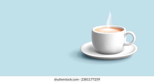 Ilustración 3d del capuchino en una taza de café 3d blanca con platillo. Vapor de bebida caliente con crema